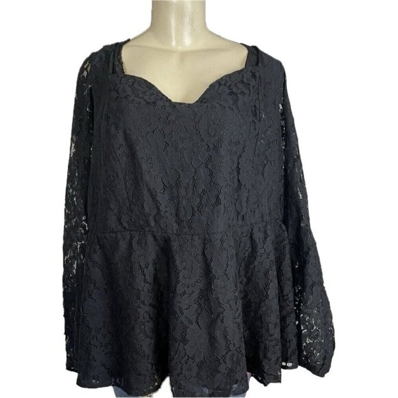 Torrid +6 Black Sweetheart Neckline Lace Lined Keyhole Long Sleeve Peplum Blouse - Picture 2 of 6
